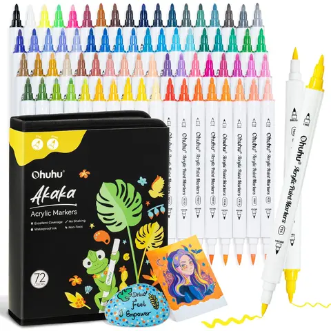 Ohuhu Acrylic Paint Markers: Brush & Fine Acrylic Markers - 72 Colors - Akaka | Dual Tips Acrylic Paint Pens High Opacity Water-Resistant for Rock Painting 3D Prints Egg Wood Glass Ceramic DIY Crafts - Akaka Series of Ohuhu