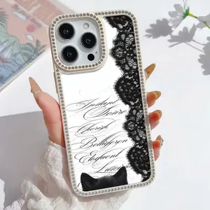 Black Cat Lace Script Rhinestone Phone Case - Coquette Aesthetic Bling Protective Cover for iPhone 17 pro max 16 14 15 16 13 12 11 Pro Max plus Air E Shock-Resistant Protective Case  #YGSMXZSHYLS3