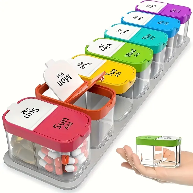 14-Compartment Food-Grade PP Plastic Pill Organizer with Dual Openings, Removable Compartments, Sturdy Safe Build, Monday-Sunday Labels for Daily Use & Days Off (Home Organizer Storage Bin),dorm essentials,home decor