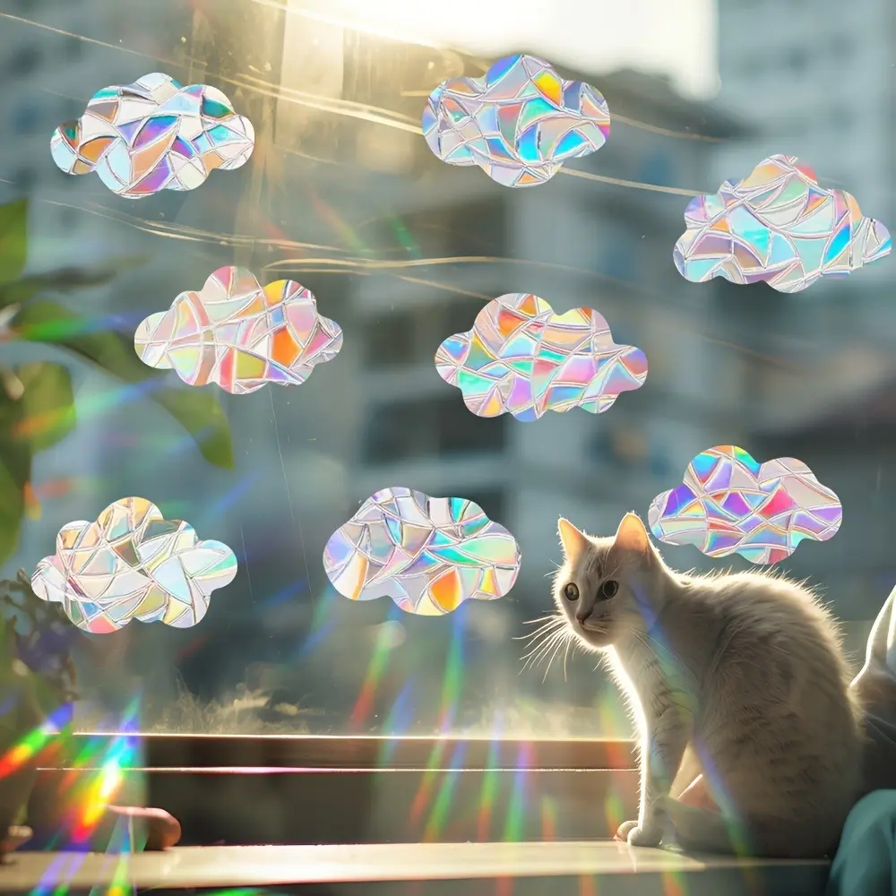 8/12 Piece Colorful Sun Catcher Rainbow Window Film, Cloud Shaped Design, Bird Collision Prevention, Home Decor Sticker Decoration Static PVC Sticker, Non-Toxic Ca Prop 65 Compliant, Sticker Set, Decorative Stickers, Window Decal, Summer Window Clings