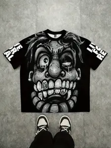 Live for Free Men's Loose Casual Street Fashion Humorous Face Print T-Shirt, Breathable Elastic Knit Fabric, Round Neck