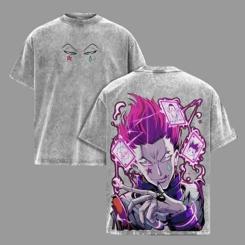 Top Men's Hunter x Hunter Hisoka Oversized T-Shirt - Vintage Black Washed Heavyweight Cotton Graphic Tee, Joker Villain Retro Y2K Streetwear, Japanese Manga Phantom Troupe Cosplay Apparel