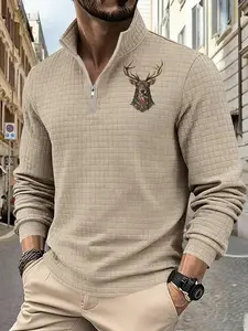A men's printed casual loose jacquard stand-up collar half-zipper base layer, Menswear, with a hunting animal print, comfortable and skinfriendly fabric, and a square texture with a retro tone, a must-have for men's daily wear