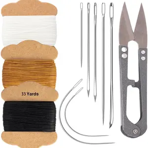 Upholstery Repair Kit, Bonded Round Waxed Thread Set with Heavy Duty Sewing , Leather Sewing Kit with  Thick Sewing Thread and Leather  for Hand Stitching (Black, White, Brown)
