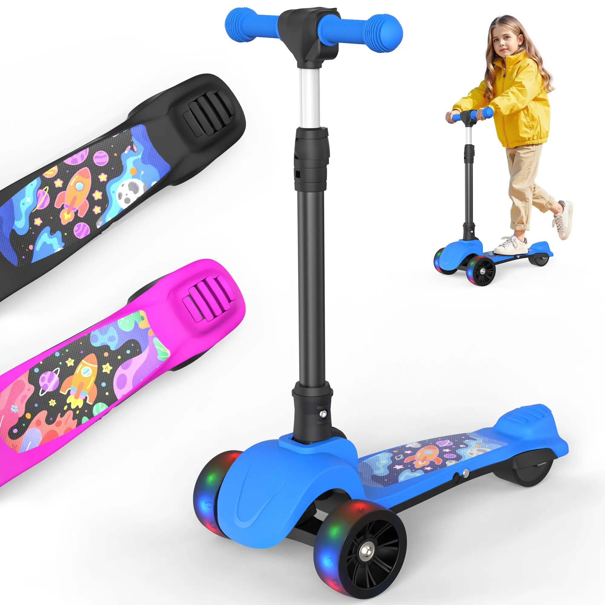 Foldable Electric Scooter for Kids, UL-Certified 80W Motor, Max 5MPH Safe Speed with Lean-to-Steer Balance Tech, 3 Adjustable Heights & LED Light Up Wheels, Holds 110lbs