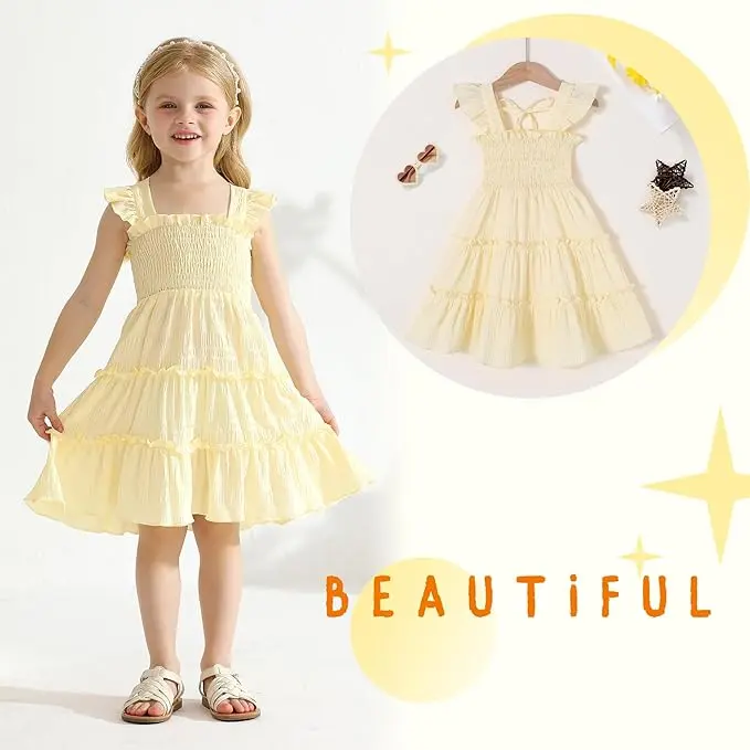Younger Tree Toddler Girl's Cotton Sleeveless Ruffled Square Neck A-Line Sundress, Solid Color Summer Beach Casual Outfit, Kids' Girls' Clothes, Cotton Sundress, Sleeveless Ruffled Dress, Frilled Dress, Beach Playwear