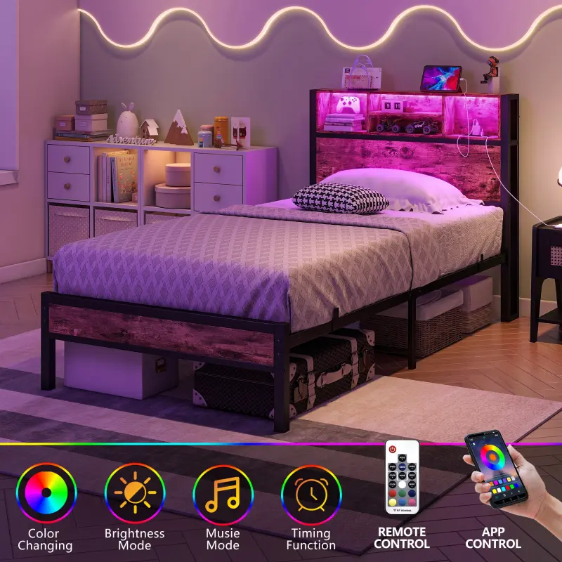 Twin Size Bed with Storage Headboard, Metal Platform Bed Frame with LED, USB, Charging Station, Bookcase Headboard, Reinforced Slats, Noise Free, No Box Spring Needed, Easy Assembly, Brown