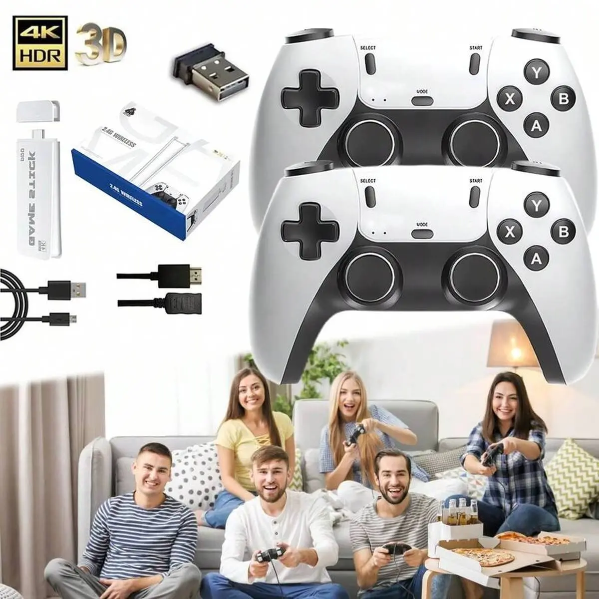 M15 Retro Game Console Stick, TV Gaming Stick With Dual 2.4G Wireless Controllers And 64GB Memory For 2 Player Casual Gaming