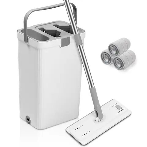 Adjustable Mop and Bucket Set with Wringer - ABS Cleaner, Household Items for Floor Cleaning, Dirty-Clean Water Separation, Hands-Free Easy Mopping, 3 Reusable Microfiber Heads, All Floor Types, Bucket System Mops