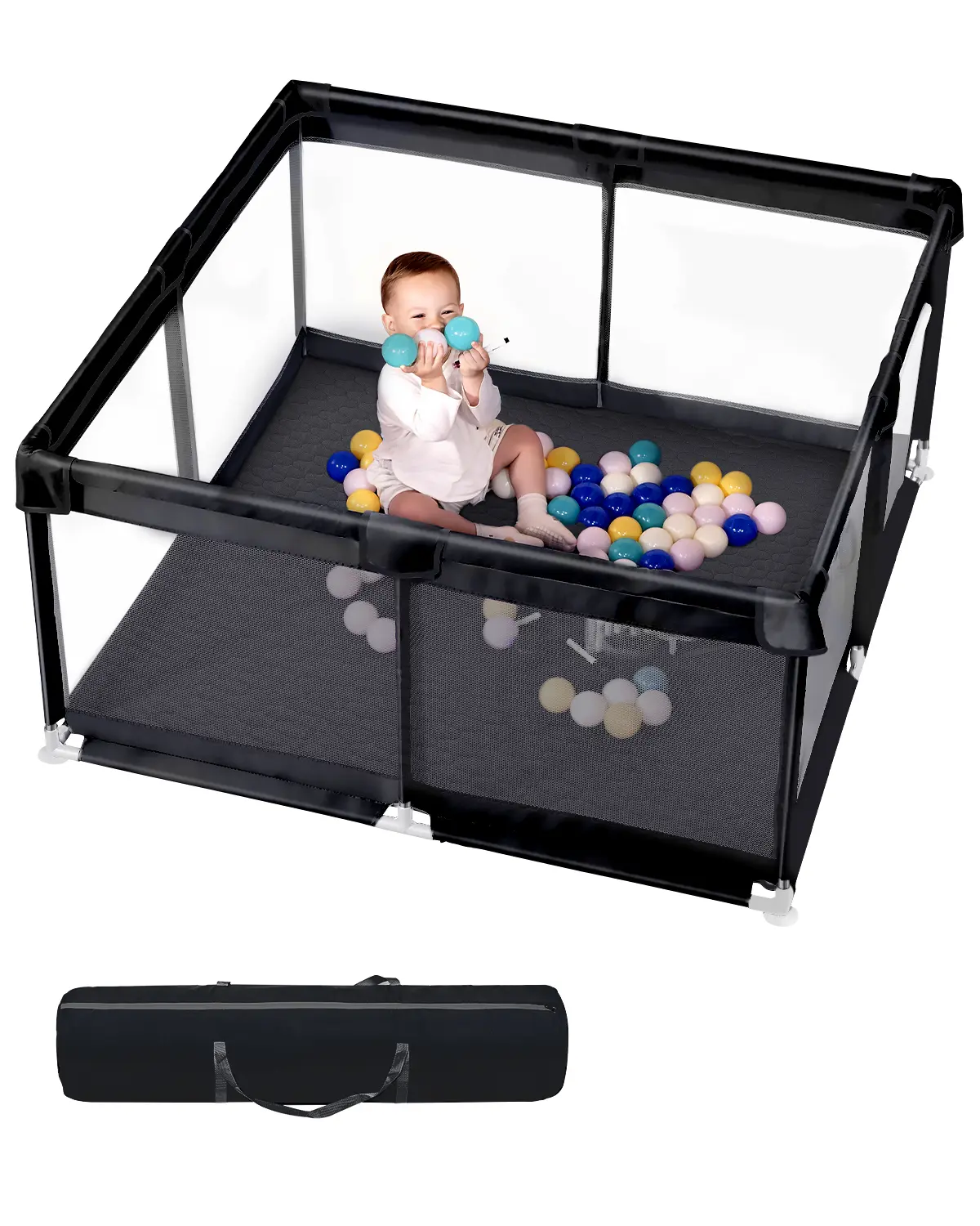 Dearlomum Extra Large Baby Playpen (50"x50"/71"x59") for Babies & Toddlers, Safe Activity Center with Soft Play Fence, Indoor Safety Enclosure, Nonremovable Waterproof Thick Mat, Easy to Assemble & Clean, Black/Gray Sturdy Safe Playard