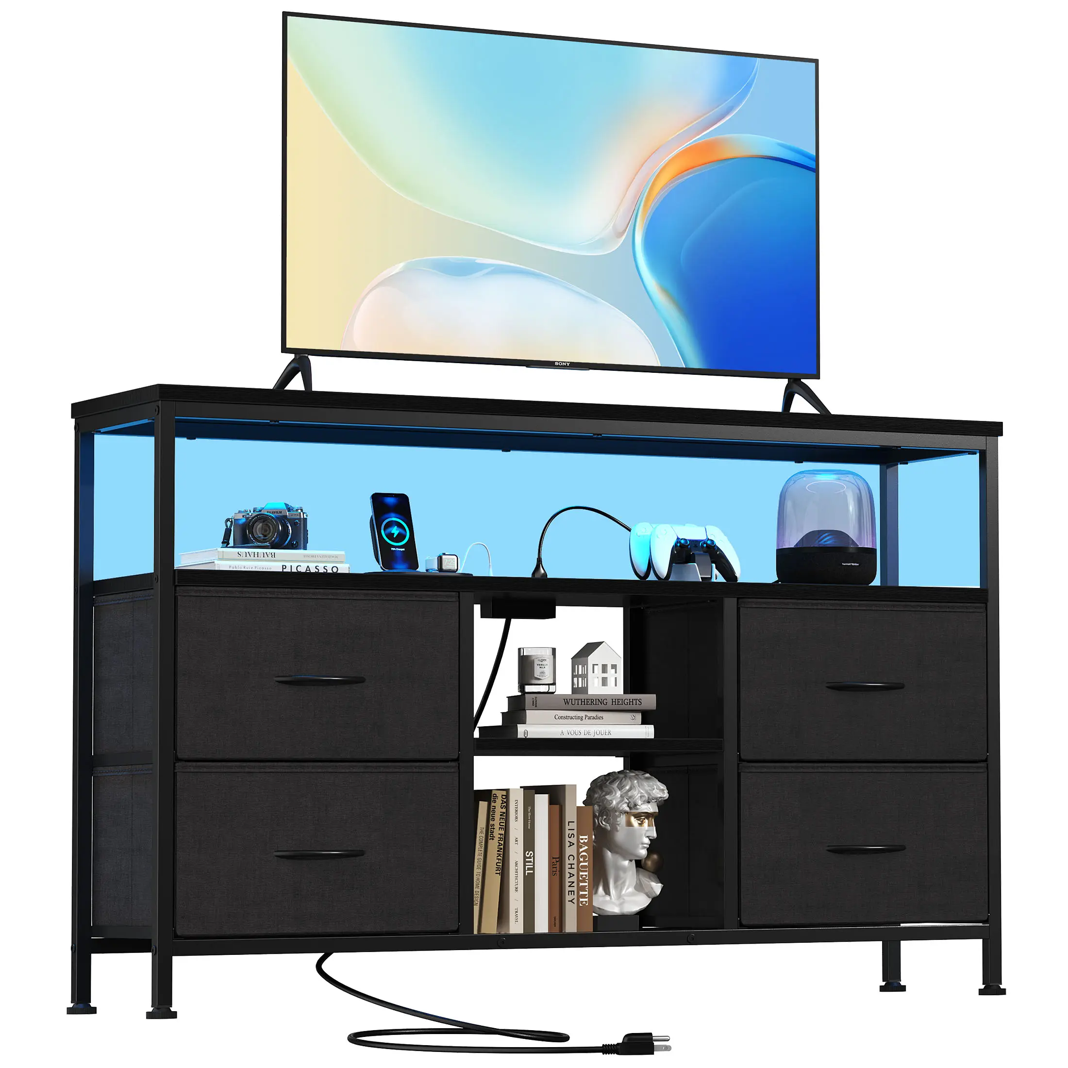 TV Stand with LED Light and Power Outlets, Entertainment Center with Fabric Drawers and Open Shelves, 41.7" TV Cabinet for TVs up to 45 Inch, Media Console for Living Room, Bedroom TV stand, 4 drawers, with LED lights and power sockets, 50-inch TV living,