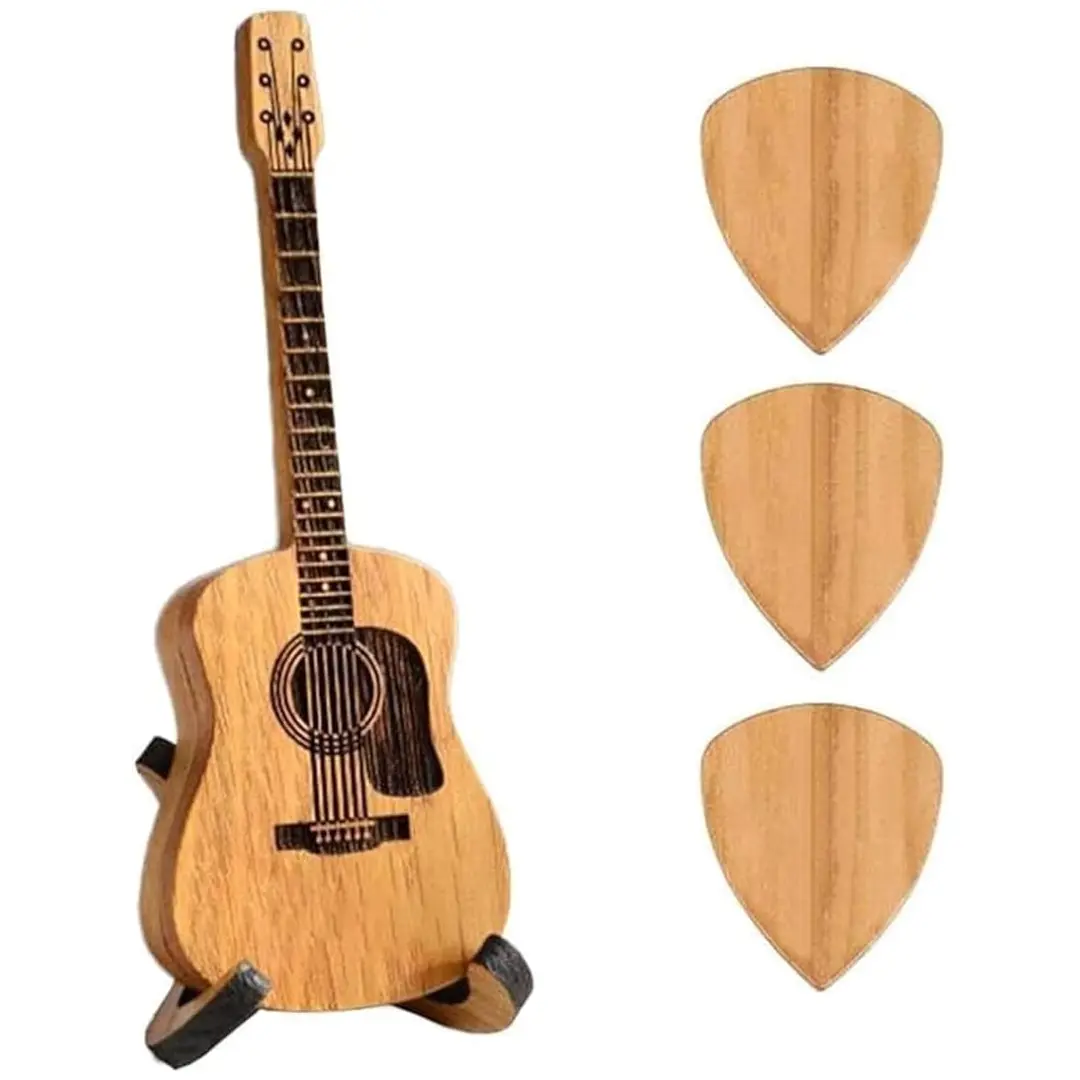 Natural Wooden Protective Guitar Pick Box with 1 Guitar Pick Stand - Complete Set (3 Accessories Included), Item Organizer, Ideal Any-Occasion Gift for Guitarists