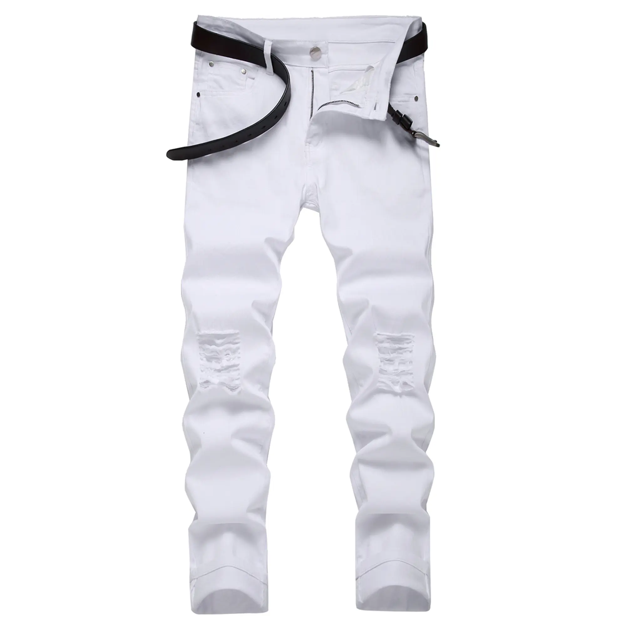 Men's Elastic Slim Fitting Jeans - Asia Sizing, Plain Chic Style, Broken-In Edge, Medium Weight, Stretch Pencil Bottoms, Distressed Denim Style, Spring Streetwear, Do Not Dry Clean