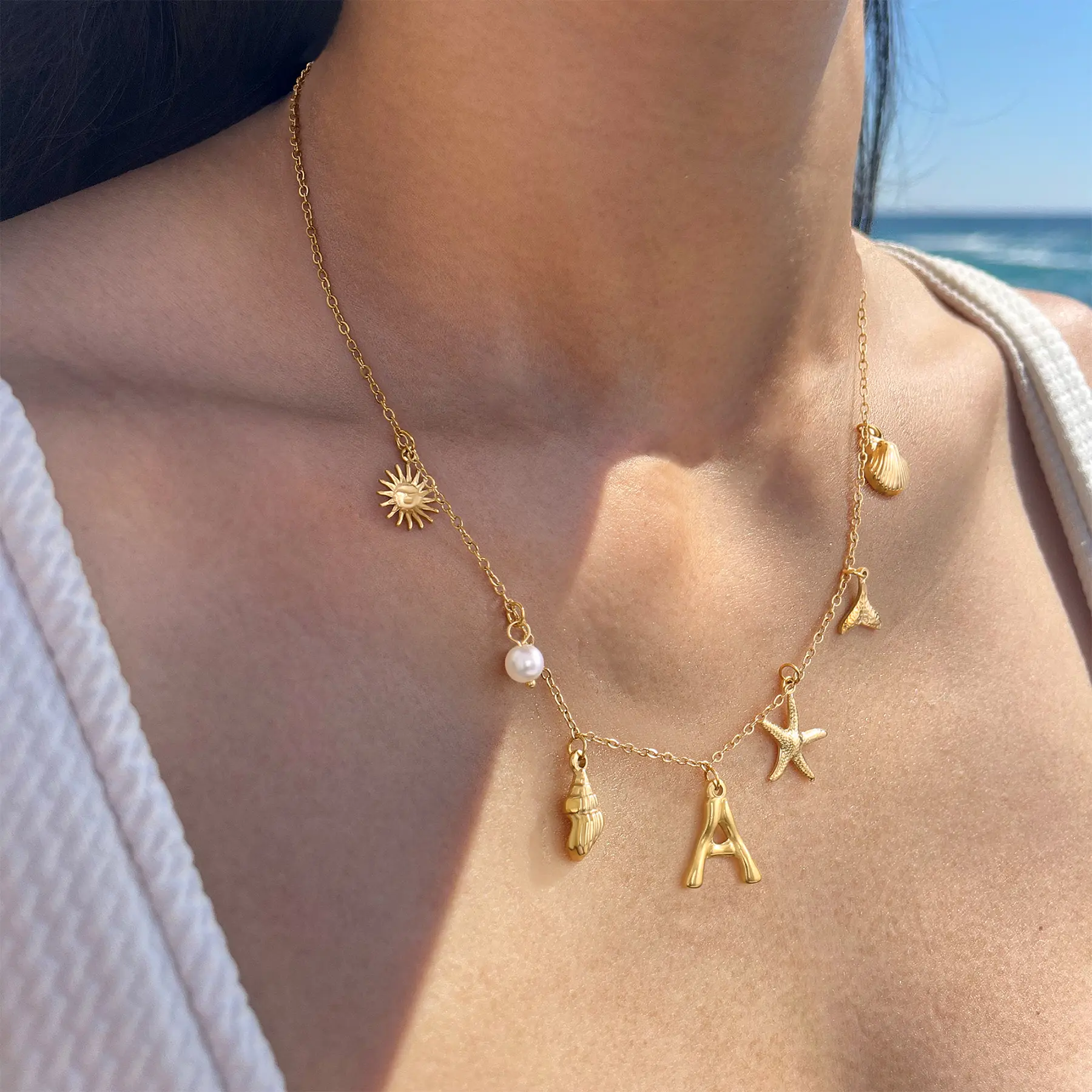Gold Initial Charm Necklace for Women 14K Gold Plated Boho Beach Surfer Necklaces Dainty Seashell Starfish Pearl Pendant Necklace Gold Jewelry for Women Gifts gold charm jewelry necklaces boho necklace bling neck lace exquisite