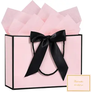 Bags, Large  Bags, 1 count Paper  Bag with 2 Tissue Paper and 1 Greeting Cards, Present Bags with Handles for Women Girls Bridesmaid Birthday Valentines Wedding Party (Black-Pink)
