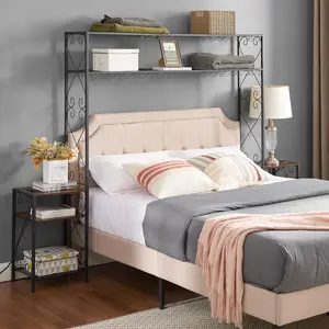 【GOOGREAT】Queen Bed Frame with 2 Nightstands Headboards with Storage Cabinet, Headboard with Shelves, Bookcase Headboard Queen Easy Assembly for Bedroom Iron and Wood Rustic Brown