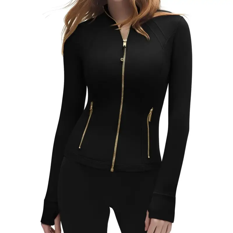 Women's Long-Sleeve Gold Full-Zip Lightweight Casual Workout Jacket, Compression Minimalist Sports Coats with Zippers for Yoga, Athletic Activities