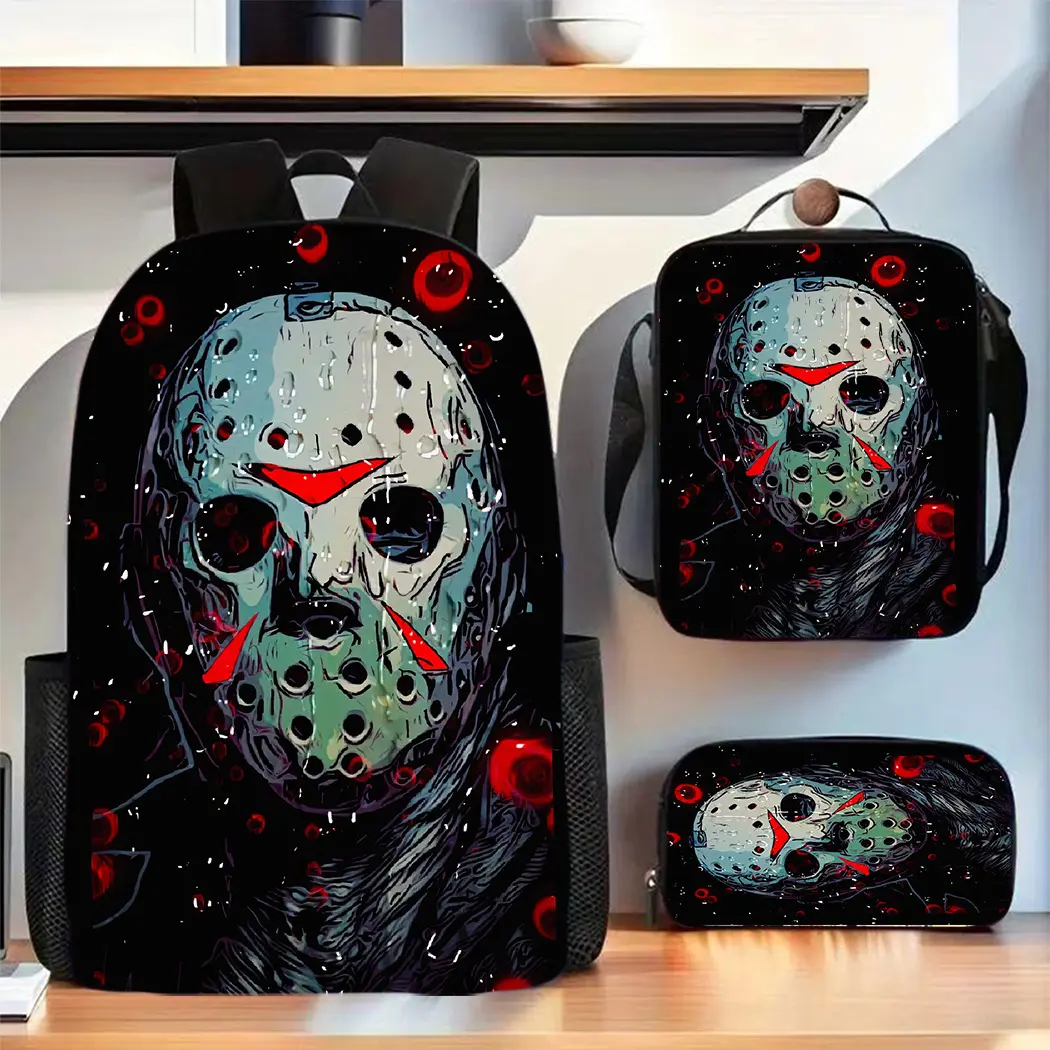Backpack Set for Kids, 3-Piece Jason Voorhees Horror Print School Bag with Insulated Lunch Box for Snacks, 600D Oxford, Fits 15" Laptop, Zipper, Jason Mask, Oxford Cloth, Set Pack