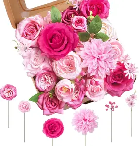 Pink, Hot Pink Artificial Flowers Combo Box Fake Silk Roses with Stems Hydrangea Peony Arrangement for Bridal Shower Boho DIY Wedding Cake White Flowers Table Decorations