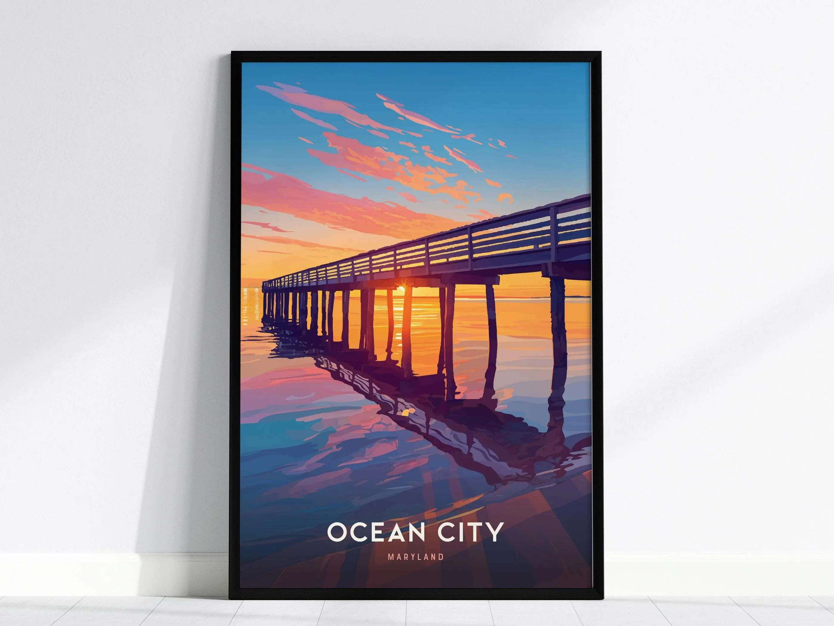 Ocean City Maryland Poster | Boardwalk Pier Sunset Wall Art Print
