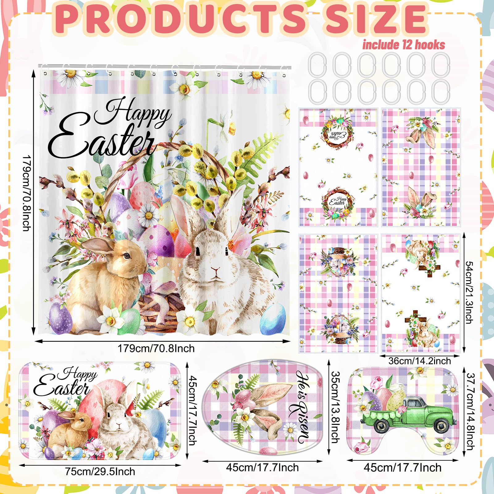 4/8Pcs Easter Bunny Bathroom Decor Set including 70x70in Waterproof Bunny Flower Shower Curtain with Hooks & Non Slip Bath Mat & U shaped Rug & Toilet Lid Cover for Spring Bathroom Makeover Home Supplies