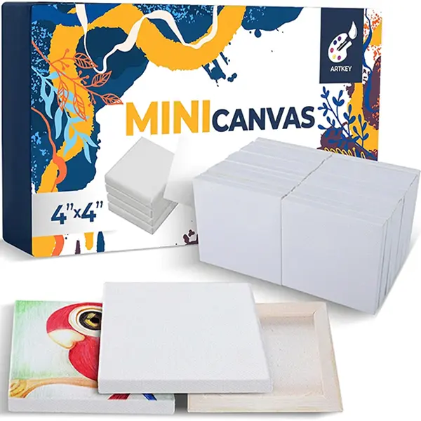 Artkey Mini Canvas Set, 4x4 Inch, 24-Pack Small Square Canvases (100% Cotton, 2/5" Profile) for Acrylic, Oil, Watercolor & DIY Crafts