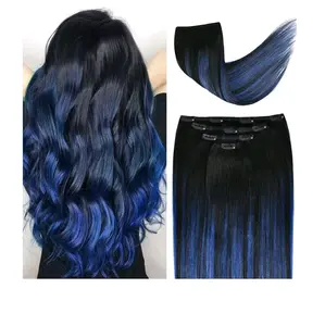 16" Clip in Hair Extensions Remy Human Hair Blue Balayage for Women - Silky Straight 100% Real Human Hair 55grams 4pieces #(1B/Blue)