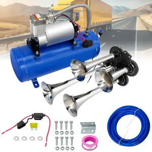 150db Train horn kit with 120 PSI Air Tank,Four Trumpet Air horns For Truck, Jeep,Pickup,SUV with 1.6 gallon Air Compressor Can Car Vehicle Accessories