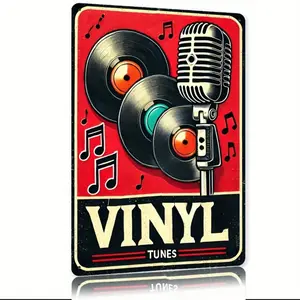 [2D Flat] 1pc Vintage Vinyl Tunes Metal Sign - Retro Microphone & Record Design, Rustic Iron Wall Decor for Home, Bar, Cafe, Garage, Farmhouse - Classic Music Themed Art, Wall-Mounted, Perfect for Room Decor