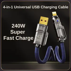 4-in-1 Fast Charging Cable 240W USB-C & USB-A to USB-C/Lightning with Adapter for iPhone 15/16 Samsung MacBook iPad Laptop Data Transfer Travel-Friendly Durable Tangle-Free Design