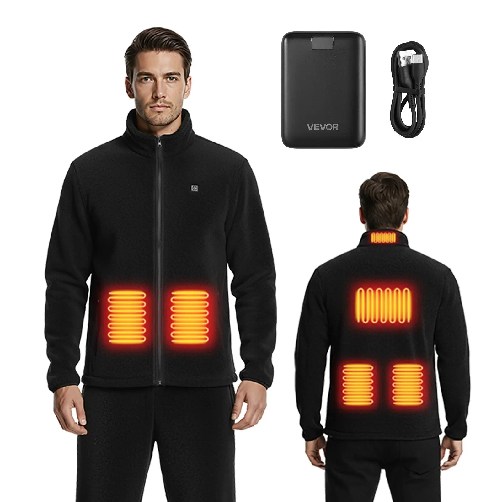 VEVOR Men's Heated Fleece Sweatshirt - Long Sleeve, Casual Zip-Up, 7.4V 16000mAh Rechargeable Power Bank, 6 Heating Zones, 3 Temp Levels, 3h/6h/10h Warmth, for Winter Outdoor Camping, Black, L Size, Size L