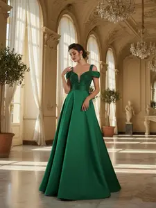 CF Dark green satin off-shoulder deep V evening gown, luxurious and elegant style, figure-flattering and commanding presence, suitable for dinner parties, high-end social events, red carpet ceremonies, and other occasions Formal Fit Womenswear