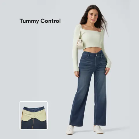 Halara Flex Mid Rise Crossover Tummy Control Straight Leg Casual Jeans with Pockets