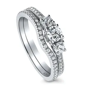 BERRICLE Sterling Silver 3-Stone Wishbone Engagement Rings Stackable Band for Women, 0.25 Carat Round Cut Cubic Zirconia CZ Ring Set