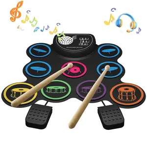 Electronic drum set, roll-up electronic drum pad, 9-drum practice pad, with headphone jack, speaker, drum pedal, great holiday birthday gift for kids