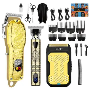 LQT Professional Men's Wireless Electric Hair Clipper Trimmer Shaver Combo Set with LED Power Display USB Charging Gold Hair Clippers Razor Kit Adjustable Blade