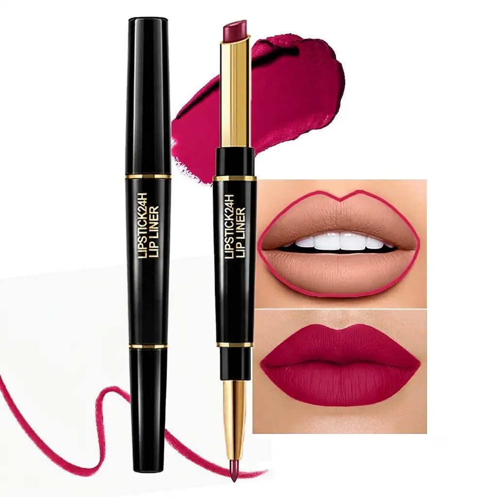 2-in-1 Plum Red Lip Liner & Lipstick Set Kit for Women, Matte Lips Kit with Lip Liner Lip Stains Long Lasting Waterproof 24 Hour Lipstick and Lip Liners Combo Lipliners Pencil Set 02