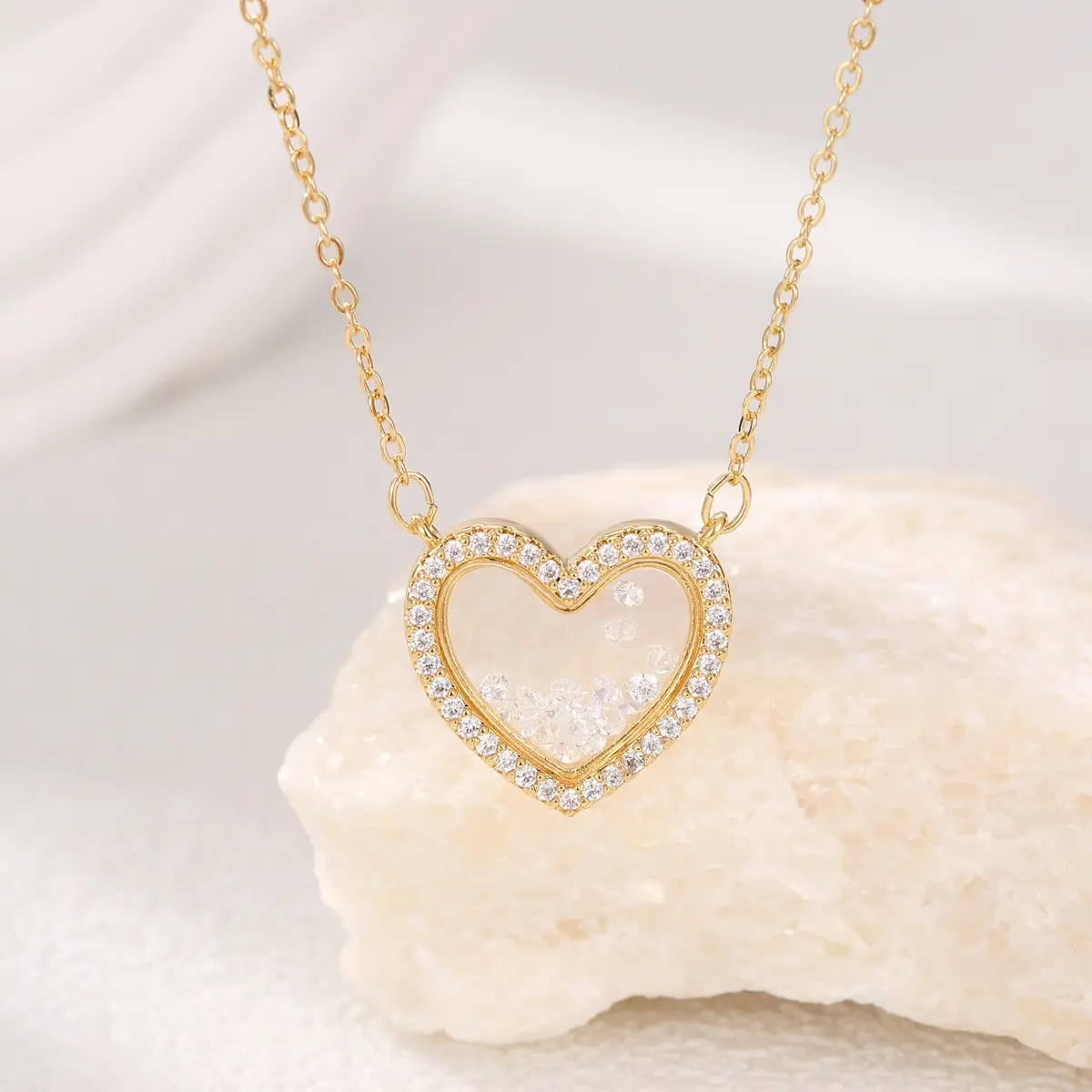 Women's 14 Karat Gold Filled Dancing Diamonds Heart Necklace - Moving CZ Pendant, Hypoallergenic Luxury Gold Zirconia Jewelry, Heartstruck Valentine Gift, Date Night Diamond Detail Accessory, Diamond Detail Necklaces, Gold Zirconia Necklaces