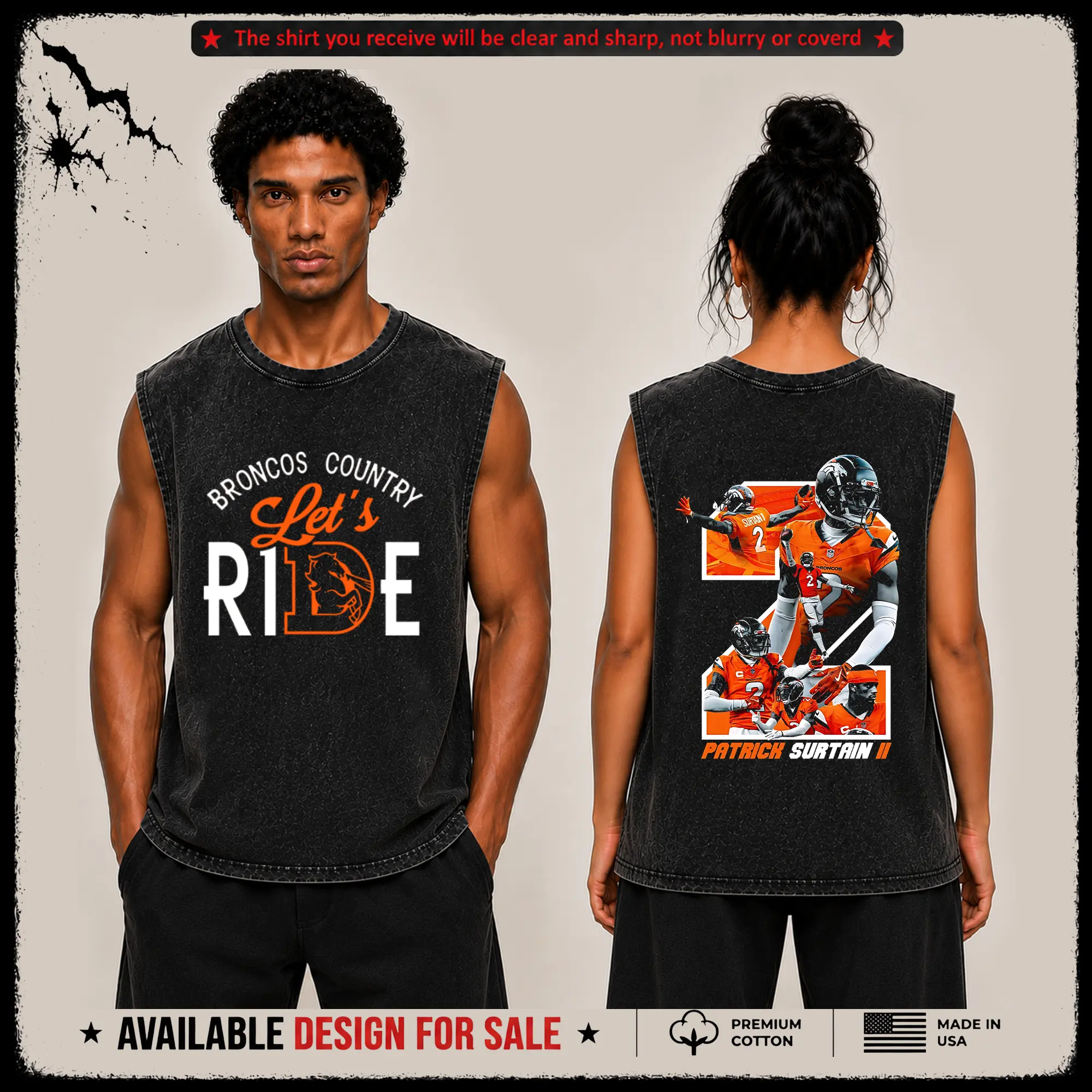[X-26] Patrick Surtain II #2 Graphic Premium Acid Washed Tank-Top (Made in US), Broncos Football Fans Fits High Quality 100% Cotton Sleeveless Shirt, Broncos Country Outfit, Gift for Football Fans, Boyfriend