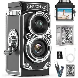 CHUZHAO Digital Camera Retro, Portable TLR Style -Lens  Camera, 12MP Autofocus 1080P FHD Point and Shoot Pocket Vlogging Retro Digital Cameras with16 GB Card for Beginners Teens Boys Girls