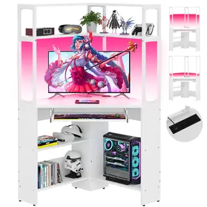 Cyclysio Small Corner Desk with Hutch, Heavy Duty Corner Computer Desk with Power Outlets & LED Light, Triangle Corner Gaming Desk with Keyboard Tray