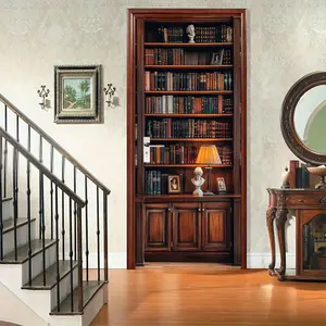 Modern Self-Adhesive Bookshelf Door Sticker, Decorative Stickers, Wooden Library Wall Decal, Paper Door Wallpaper for Bedroom Living Room Office