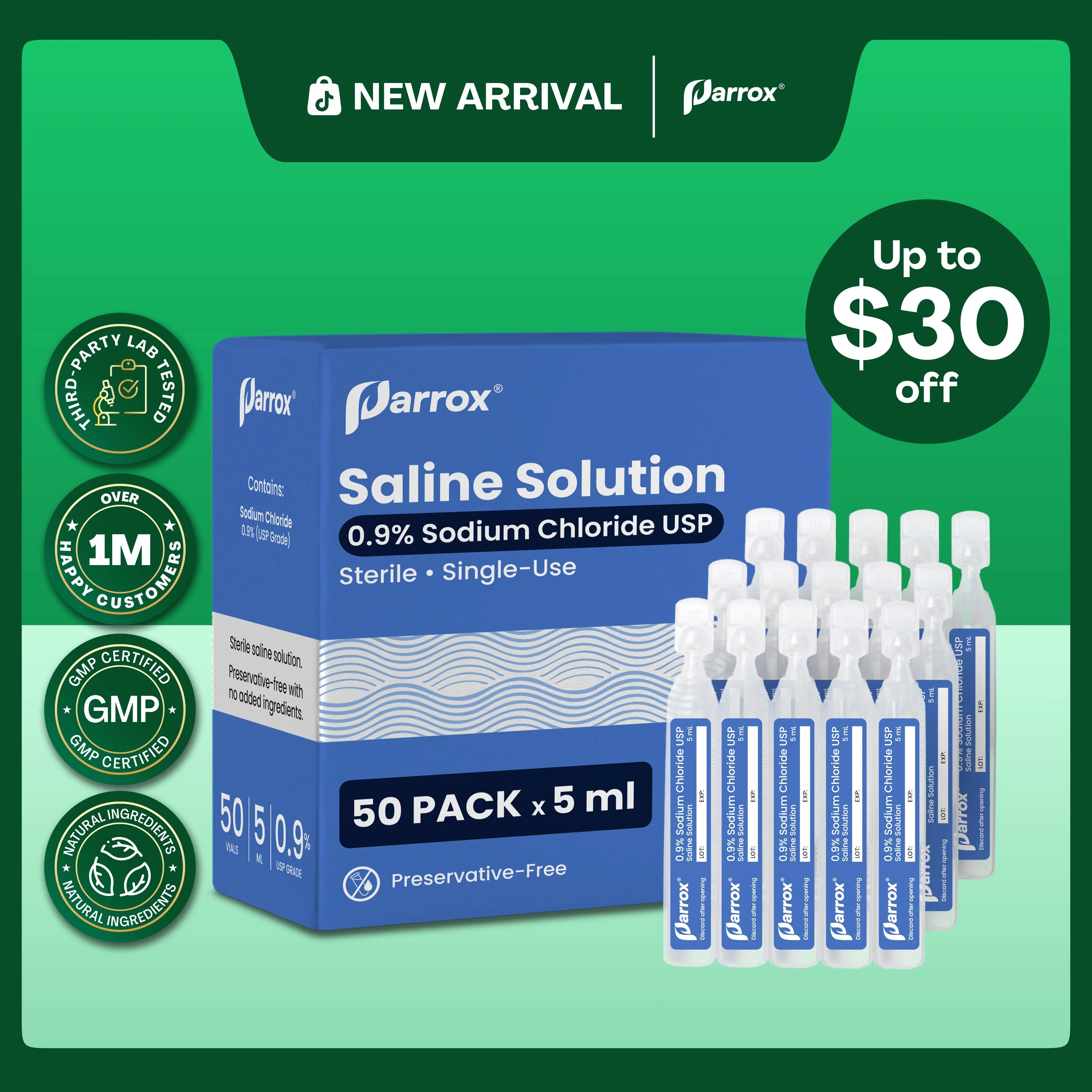 0.9% Saline Solution for Nebulizer (50x5mL vials) - Parrox Daily Nasal Care - Sodium Chloride USP, Single-Use, Preservative-Free