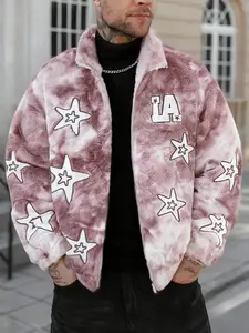 Unisex Streetwear La Letter Print Fleece Lined Jacket, Warm Thick Coat for Casual, Trendy Y2K Style, Men's Gift