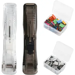 Pine & Linen 2pcs Handheld Papers Clip Dispenser with 100pcs Clam Refills,Portable Mini Push Stapler Paper Clam Clip Dispenser,Fast Paper Clipper for Office School(Clear+Black)