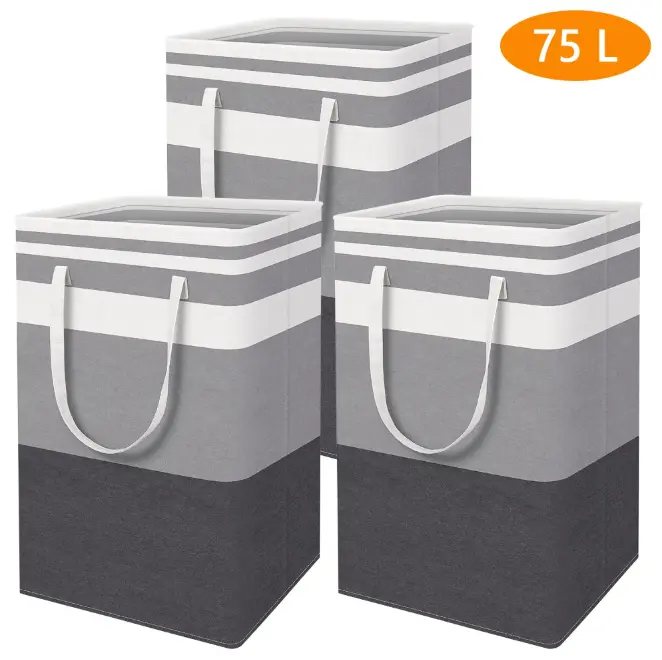 3-Pack 75L Tall Cotton Flax Laundry Basket with Metal Frame, Waterproof Freestanding Collapsible Organizer Containers for Dorm Use