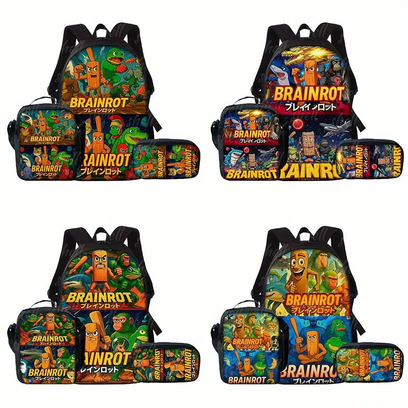 3Pcs "Brainrot" Meme Print Backpack Set Durable 600D Oxford Cloth School Bag Insulated Lunch Box & Pencil Case Combo Adjustable Breathable Strap Large Capacity Fits 15in Laptop for Kids Teens School Travel Outdoor Use