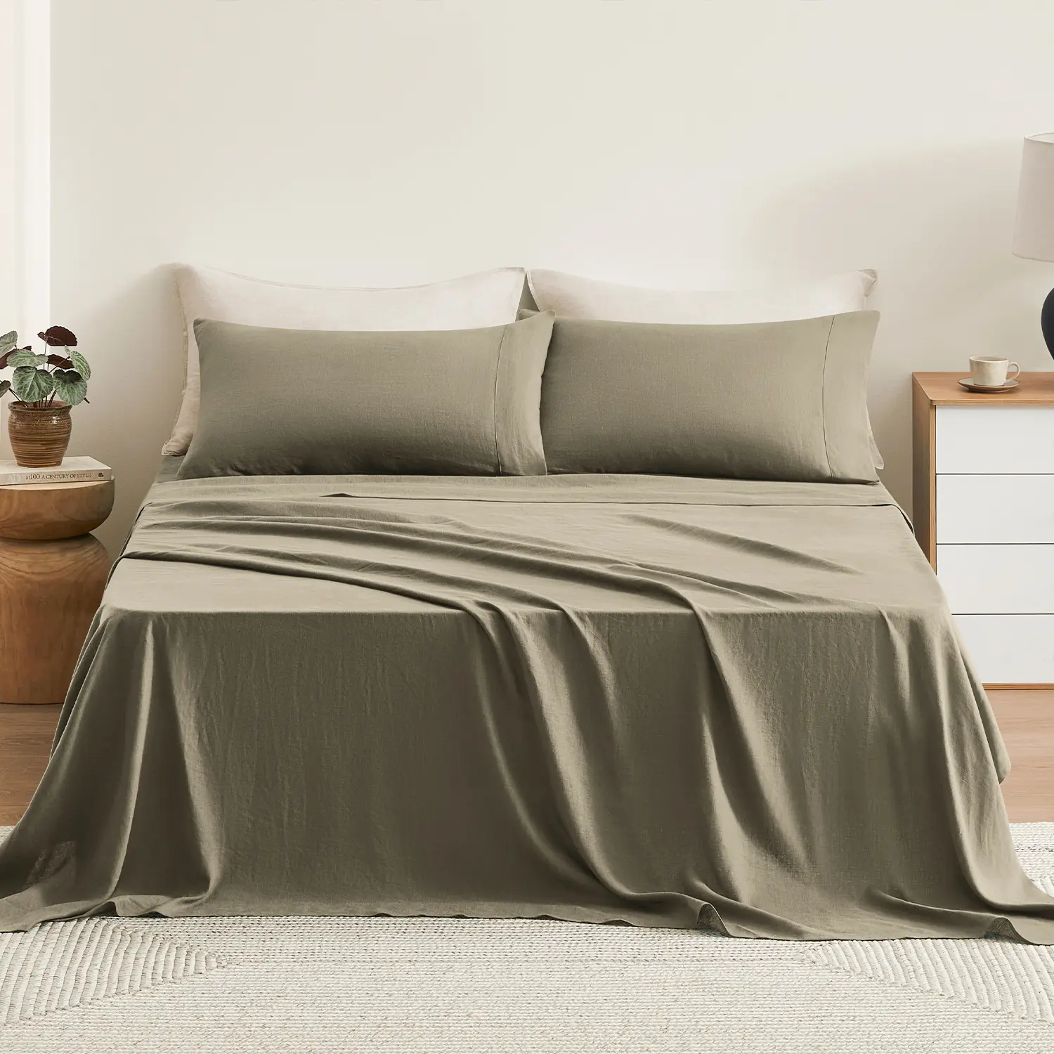 TOSMO 100% Natural Linen Flax Sheets Set - Eco-Friendly, Cooling, Breathable, Durable Bedding for Hot Sleepers (Flat, Fitted, Pillowcases, All Seasons Use)