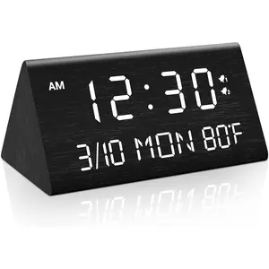 P-PDT039     Wooden Digital Alarm Clock, 0-100% Dimmer, 2 Alarm Settings, Weekday/Everyday Mode, 9 Mins Snooze, 12/24H, Temperature and Date Display for Office, Travel, Bedroom Alarm Clock (Brown)
