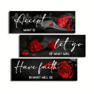 3pcs Red Rose Wall Panels Compatible for Farmhouse Style - Artificial with "Let Go & Trust" Quote - Rustic Rose Flower Décor for Bathroom, Living Room, Bedroom Wall Art Painting